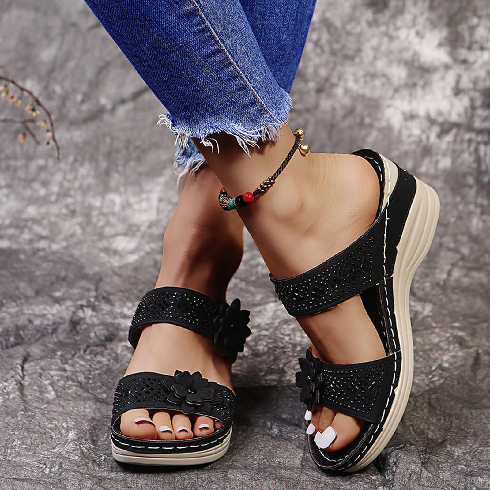 Zedker Strappy Sandals for Women, Summer Sandals Women Slip On Slide Sandals Casual Flowers High-Heeled Flat-Bottomed Ladies Wedge Sandals Slippers